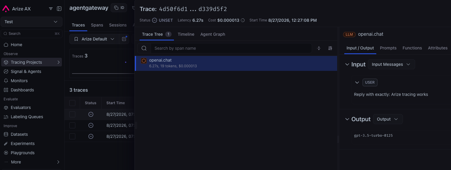 Arize AX showing an agentgateway openai.chat trace with its input, output, latency, cost, and token count